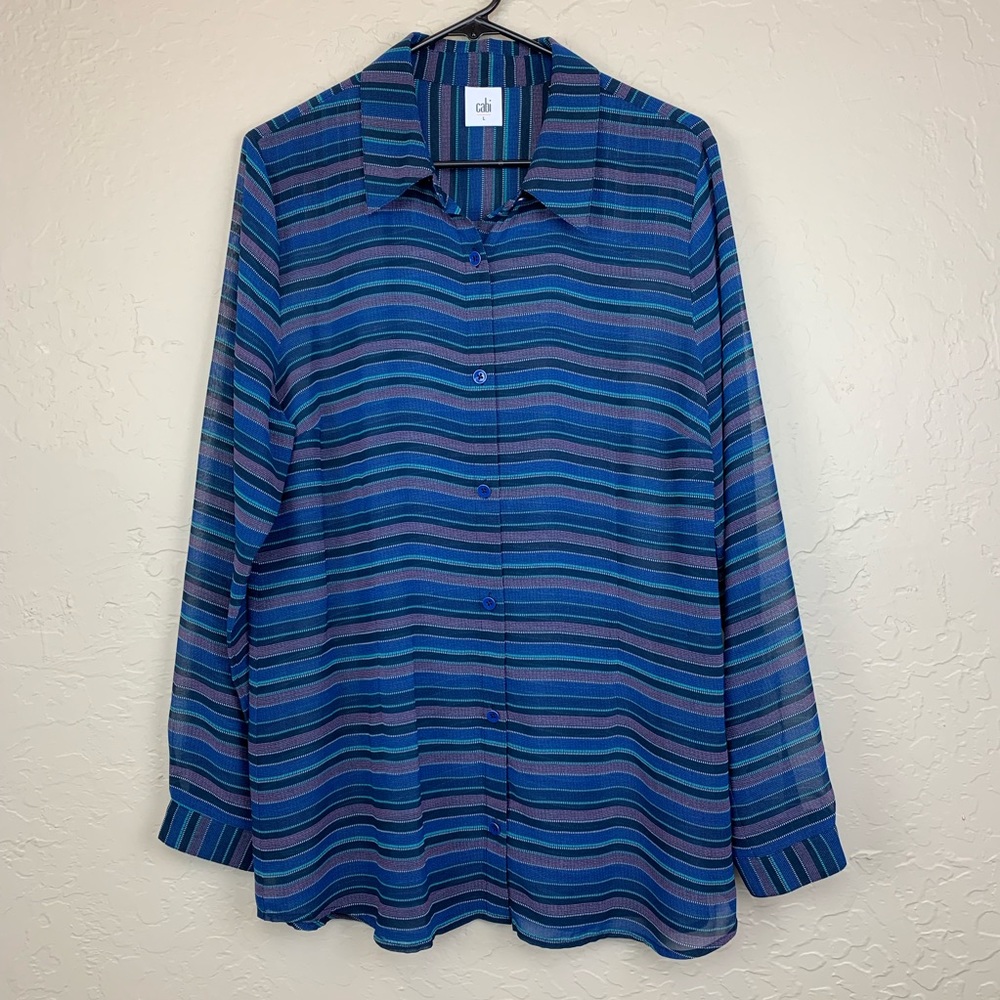 Cabi Sheer Blue Purple Striped Long Sleeve Blouse